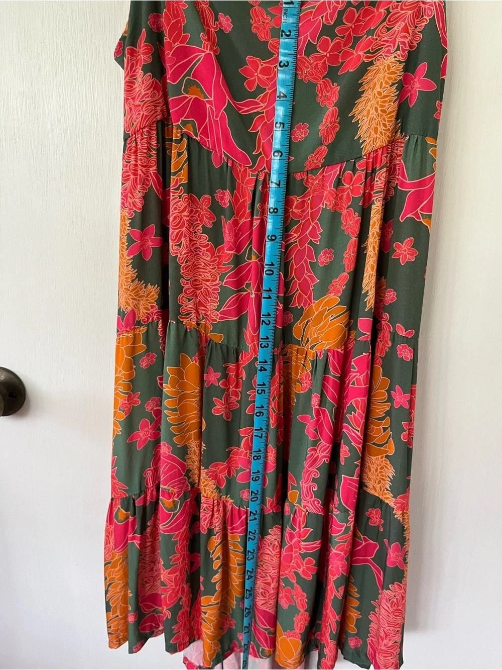 Flowy Tiered Maxi Skirt in Green with Pink & Orange Floral Print
